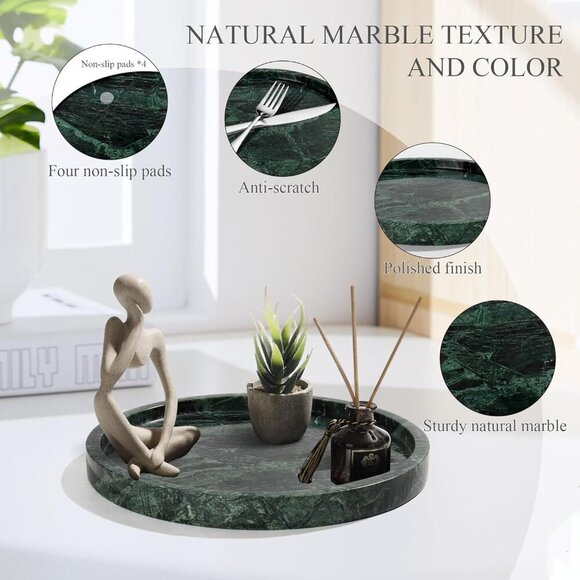 Real Natural Round Marble Tray for Bathroom, Genuine Marble Stone Vanity Tray, L - Picture 5 of 9